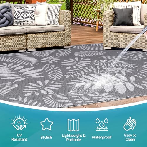 StepRite Outdoor Rug, Patio Rug, Plastic Straw Camping Rugs, Large Waterproof Area Rug and Mat for Outdoors, RV, Patio, Backyard, Deck, Porch, Beach, Balcony, (5'x 8', White&Gray)