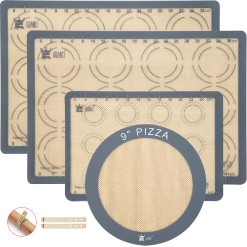 GUANCI Silicone Baking Mat Set of 4, 2 Medium 16.5"x11.6", 1 Small 11.8"x8.4", 1 Piece 9" Round, All Mats 0.7mm Thick, Food Grade Non-Stick Reusable Baking Mats for Pizza, Bread, Pastry, Macarons