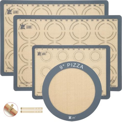 GUANCI Silicone Baking Mat Set of 4, 2 Medium 16.5"x11.6", 1 Small 11.8"x8.4", 1 Piece 9" Round, All Mats 0.7mm Thick, Food Grade Non-Stick Reusable Baking Mats for Pizza, Bread, Pastry, Macarons