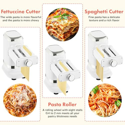 GVODE Electric Pasta Maker - 3-in-1 Pasta Sheet Roller & Cutter Set 700W Max Motor, includes Fettuccine & Spaghetti Maker with Cleaning Brush, White