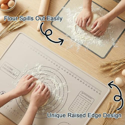 Silicone Pastry Mat 28" x 20" Extra Thick Silicone Baking Mat with Measurements and Edge Heightening Non-stick Food Grade Dough Rolling Mat Kneading Sheet for Pastry, Bread, Cookies (Beige)