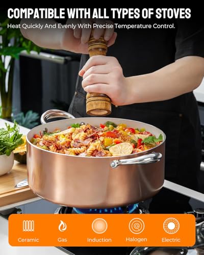 BEZIA 6 Quart Nonstick Stock Pot with Lid, Induction Cooking Pot Pot for All Stovetops, Non-toxic and Oven Safe, PFOA PFAS Free, Golden
