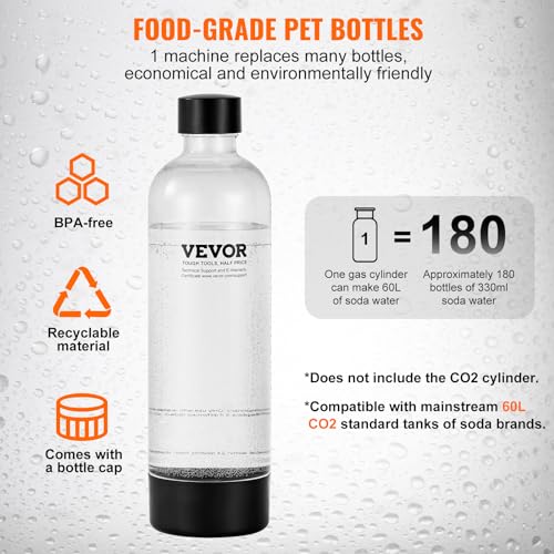 VEVOR Sparkling Water Maker, Soda Maker Machine for Home Carbonating, Seltzer Water Starter Kit with 2 BPA-free 1L PET Bottles, Compatible with Mainstream Screw-in 60L CO2 Cylinder(NOT Included) Black