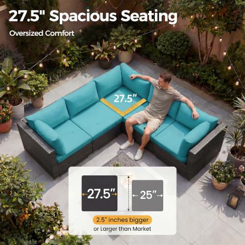 NICESOUL 20 Piece Extra Large Patio Furniture Set w/Fire Pit Table & Chaise Lounge, Modern Luxury Outdoor Group Seating w/Firepit, Comfortable 29.3" High-Back Sectional Couch Deep Seat, Gray & Teal