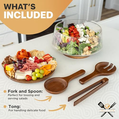 Oria Cook Large Glass Salad Bowl with Lid Set, 5.7 L Decorative Glass Mixing Bowl, Trifle and Serving Bowls with Lids as Cheese Charcuterie Board and Plate, Comes with Wood Serving Utensils
