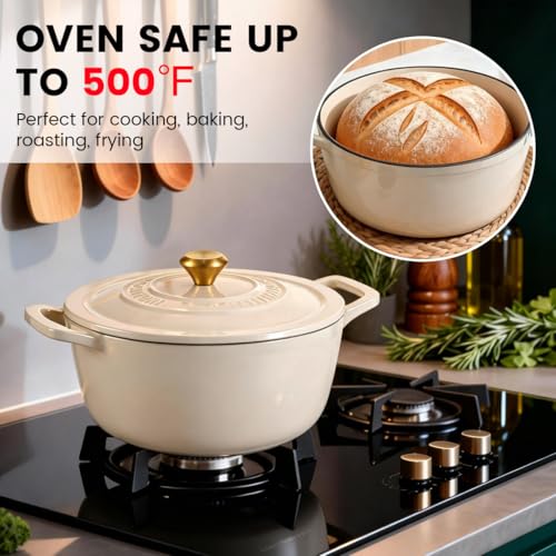 Enameled Cast Iron Dutch Oven - JINCHUFURI 5 Quart Cast Iron Dutch Oven Enameled Oven with Lid for Sourdough Bread Baking, Pre-Seasoned Pot Oven Safe