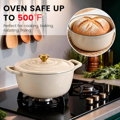Enameled Cast Iron Dutch Oven - JINCHUFURI 5 Quart Cast Iron Dutch Oven Enameled Oven with Lid for Sourdough Bread Baking, Pre-Seasoned Pot Oven Safe