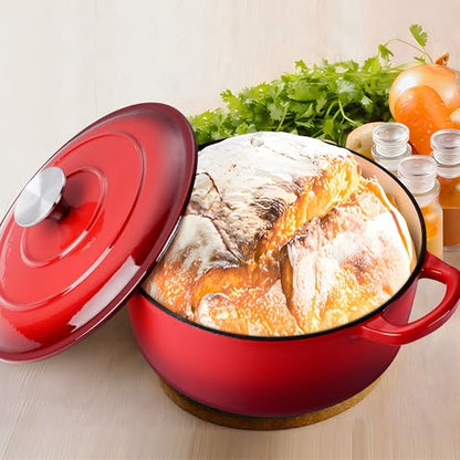LIANYU 3QT Enameled Cast Iron Dutch Oven, Heavy Duty Round Pot with Lid, Nonstick Interior, Oven Safe to 500°F, Even Heat Distribution, Sourdough Bread Baking & Braising, Stews, Red