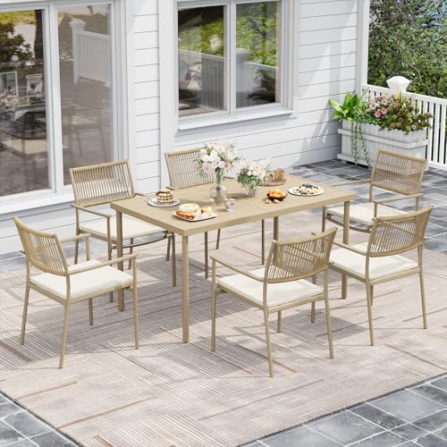 7 Pieces Outdoor Dining Set for 6, 55” Large Steel Dining Table with Umbrella Hole, Wicker Patio Table and Rattan Chairs for Garden/Deck/Yard/Porch, Matte Metal Spray Coating Patio Dining Set,Beige