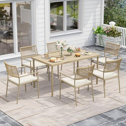 7 Pieces Outdoor Dining Set for 6, 55” Large Steel Dining Table with Umbrella Hole, Wicker Patio Table and Rattan Chairs for Garden/Deck/Yard/Porch, Matte Metal Spray Coating Patio Dining Set,Beige