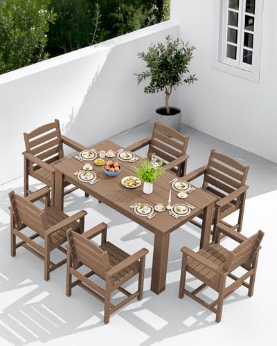 SERWALL Patio Dining Set for 4, Outdoor Dining Sets for 4 Person with 1 Umbrella Hole Cut-Out Rectangular Table and 4 Chairs, HDPE Dining Sets for Garden, Backyard, Poolside, Brown