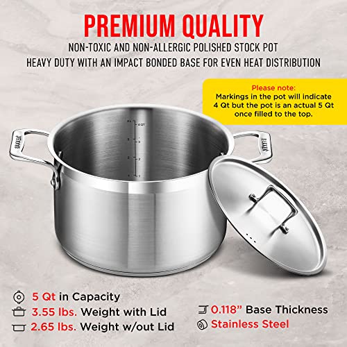 Stainless Steel Stockpot with Lid 5 Quart, Durable 18/8 Stainless Steel, Impact-Bonded Base for Even Heating, Riveted Handles, Oven & All Stove Compatible, Safe Up To 500°F (260°C)