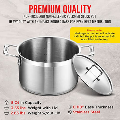 Stainless Steel Stockpot with Lid 5 Quart, Durable 18/8 Stainless Steel, Impact-Bonded Base for Even Heating, Riveted Handles, Oven & All Stove Compatible, Safe Up To 500°F (260°C)