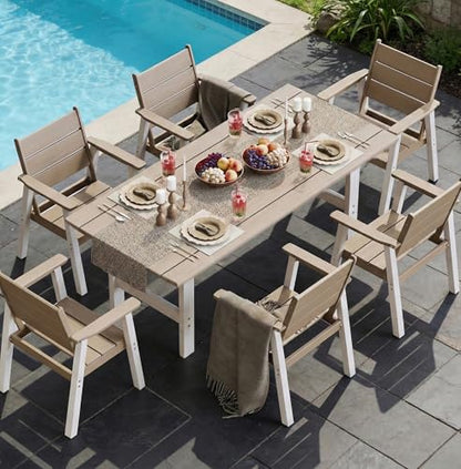 Polyhouz Outdoor Dining Set,7-Piece Patio Table and Chairs Set for 6, HDPE Outdoor Dining Table and Chairs with Umbrella Hole, All-Weather Patio Dining Furniture Set,White Brown