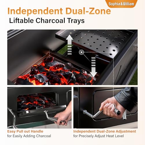 Sophia & William Extra Large BBQ Charcoal Grills and Offset Smoker,1015 SQ.IN. Cooking Area with Dual Lifting Charcoal Trays, Charcoal Barbecue Smoker Grill for Patio, Backyard Outdoor Cooking