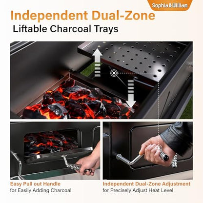 Sophia & William Extra Large BBQ Charcoal Grills and Offset Smoker,1015 SQ.IN. Cooking Area with Dual Lifting Charcoal Trays, Charcoal Barbecue Smoker Grill for Patio, Backyard Outdoor Cooking
