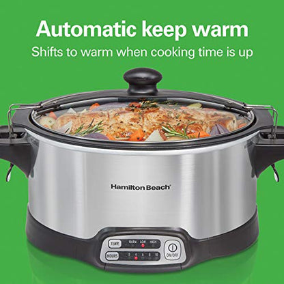 Hamilton Beach Programmable Slow Cooker with 6 Quart Stovetop-Safe Sear & Cook Crock & Travel Lid Lock for Portable Transport, Silver (33663)