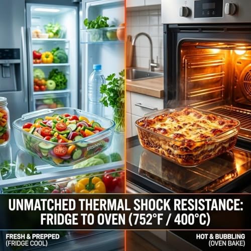 ERSINNO 3-Piece Borosilicate Glass Baking Dish Set - Nestable Square Casserole Dish for Oven, Microwave, Freezer - 752°F Heat Resistant, Clear Glass Roasting Pans for Lasagna, Leftovers, Meal Prep（1 QT,1.2 QT,2 QT)