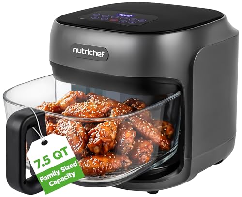 NutriChef Family Size 7.5 Quart Air Fryer | 6 Preset Cooking Modes | Glass Fry Bowl for Best Cooking | 360° Air Circulation | Cook Veggies, Steak, Fries, Seafood, Chicken & More | Gray