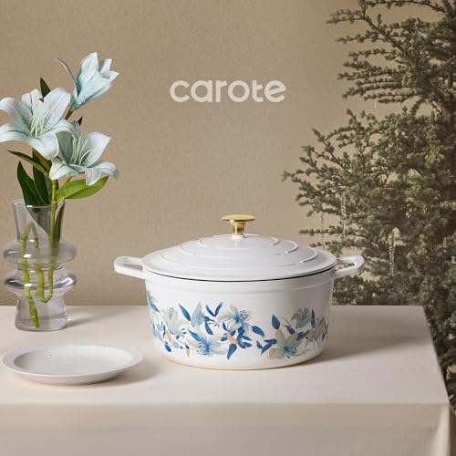 CAROTE 7QT Cast Iron Dutch Oven Pot with Lid, Enameled Floral Dutch Ovens with Cotton Potholders & Oven Gloves, Versatile Heavy-Duty Cookware for Sourdough Bread Baking, Braising, Stews, All Stovetop Compatible, Oven Safe up to 500° F, White & Blue