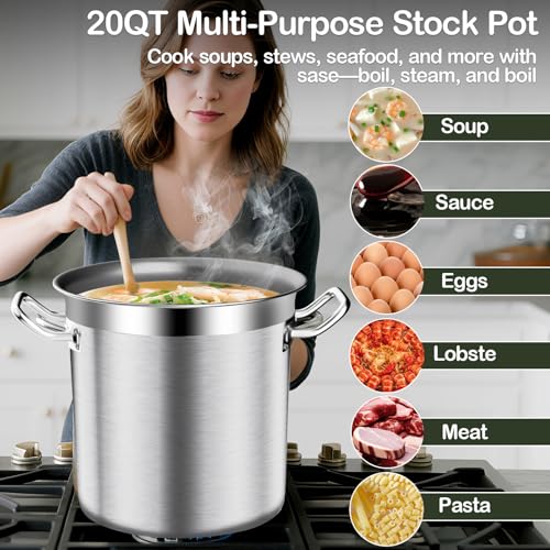 Stock Pot-20QT Stainless Steel Stockpot with Lid, Heavy Duty Tri-Ply Bottom Commercial Grade Large Stock Pot & Stockpots for Boiling Cooking Soup Stew Canning Cooking Pots,Big Stockpot, Deep Cookware