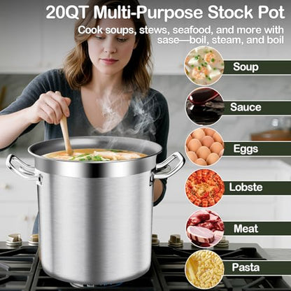 Stock Pot-20QT Stainless Steel Stockpot with Lid, Heavy Duty Tri-Ply Bottom Commercial Grade Large Stock Pot & Stockpots for Boiling Cooking Soup Stew Canning Cooking Pots,Big Stockpot, Deep Cookware