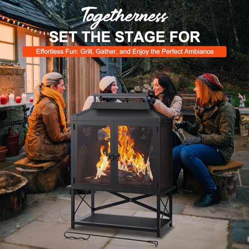 VELUVIA Metal Outdoor Fireplace for Patio - 39" H Square Chiminea Fire Pits Outside Wood Burning with Grill, Mesh Spark Screen & Fire Poker, for Garden, Backyard, Party, Camping, Picnic, BBQ, Bonfire
