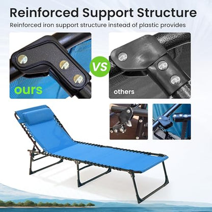 Foristrail 2 Pack Outdoor Folding Chaise Lounge 5-Position Adjustable Recliner 400LB Heavy Duty Portable Patio Camping Beach Chair, Blue