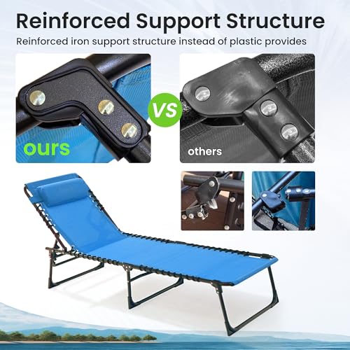 SUNW 2 Pack 400lbs Adjustable Folding Chaise Lounge, Lay Flat Recliner with Pillow & Side Pocket for Patio Pool Camping (Blue)