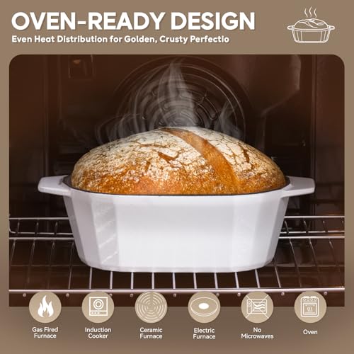 Enameled Cast Iron Sourdough Bread Oven – Dutch Oven for Sourdough, Oval Cast Iron Bread Pan with Lid，Loaf Cast Iron Dutch Oven for Baking (3.3QT-White）
