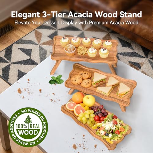 Acacia Wood 3 Tier Cupcake Stand, Serving Tray for Party, Foldable Dessert Table Display Set, Tiered Tray Decor for Party, Birthday, Wedding, Christmas