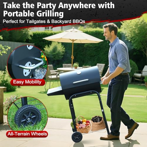 SUNLIFER Barrel Barbecue Charcoal Grill: Premium Spacious Outdoor BBQ Grill with Side Table - Ideal for Patio Cooking Backyard Grilling Camping Picnics Tailgating Parties