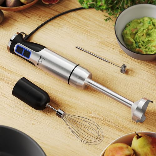 MuellerLiving Ultra-Stick Immersion Hand Blender, 500W Heavy Duty Motor, 8-Speed Turbo Setting, Includes Blending Shaft, Whisk, Milk Frother & Measuring Beaker