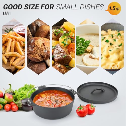 Northriver Casting Cast Iron Dutch Oven Pot with Lid, for Small Dishes, Side Dishes, Camping Cookware set, BBQ, Garlic Roaster, 1.5 Quart Pan