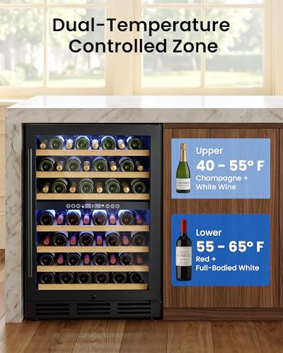 ICEVIVAL 24 Inch Wine Cooler Refrigerator, 54 Bottle Wine Fridge, 40-65°F Dual Zone UV-Resistant Glass Door, Quiet Compressor Cooling, Built-in or Freestanding Fridge for Home/Bar/Kitchen, Black