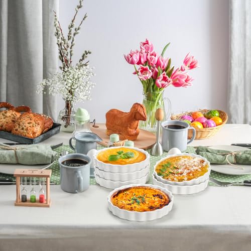 Foraineam 6 Pack 8 Ounce Porcelain Creme Brulee Ramekins Mini Fluted Quiche Dishes, 6 Inch Tart Pan Round Pie Plates for Baking, Dishwasher and Oven Safe