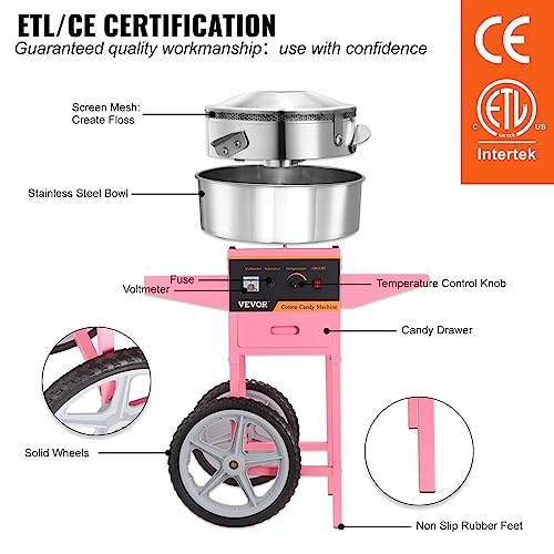 VEVOR Electric Cotton Candy Machine Cart, 1000W Commercial Floss Maker w/Stainless Steel Bowl, Sugar Scoop and Drawer, Perfect for Home, Carnival, Kids Birthday, Family Party, Pink