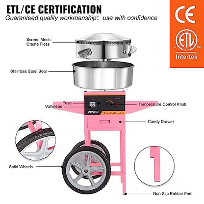 VEVOR Electric Cotton Candy Machine Cart, 1000W Commercial Floss Maker w/Stainless Steel Bowl, Sugar Scoop and Drawer, Perfect for Home, Carnival, Kids Birthday, Family Party, Pink