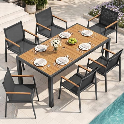 Oasbira Outdoor Dining Set, 7 Piece Aluminum Patio Table and Chairs Set, All Weather Patio Dining Furniture Set with Umbrella Hole for Backyard, Deck, Poolside (Gray-Teak)