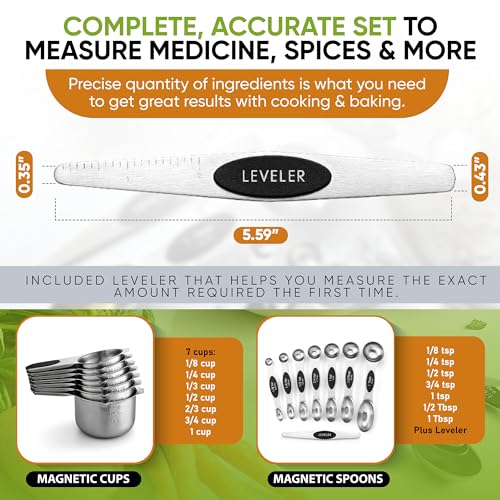 Spring Chef Magnetic Measuring Cups & Spoons Set, Patented, Strong N45 Magnets, Heavy Duty Stainless Steel Fits in Spice Jars for Baking & Cooking, BPA Free, Round Set of 15 with Leveler, Black