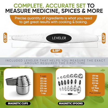 Spring Chef Magnetic Measuring Cups & Spoons Set, Patented, Strong N45 Magnets, Heavy Duty Stainless Steel Fits in Spice Jars for Baking & Cooking, BPA Free, Round Set of 15 with Leveler, Black