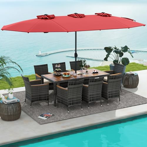 Tangkula 10 Pieces Patio Wicker Dining Set w/Double-Sided Patio Umbrella, Outdoor Acacia Wood Furniture Set w/ 8 Armchairs, 71” Dining Table & 15 ft Umbrella with Weighted Base (Wine)