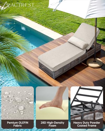 ACTREST Luxury Outdoor Chaise Lounge Chairs of 2 with 5 Inch Thick Cushions and Side Table - 3 PCS High Back Brown Wicker Rattan Patio Recliners Lounger Furniture Set for Poolside Sunbathing - Beige