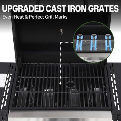 LMNOCHM Propane Grill with Folding Side Tables, 3-Burner Gas Grill with Porcelain-Enameled Cast Iron Grates and Stainless Steel Grill Pan, 30,000 BTU BBQ Grill with Wheels for Outdoor Cooking