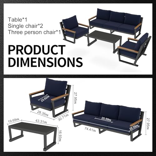 Aluminum Outdoor Patio Furniture Set with Coffee Table,4 Piece Patio Conversation Sets with Washable Thick Cushions, Outdoor Sectional Furniture Set for Porch, Balcony, Deck, Yard, Blue