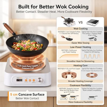 NESTIQEX Concave Induction Wok Cooktop Set, 1700W 120V Portable Induction Burner Electric Hot Plate with 13.4" Carbon Steel Wok, Glass Lid & Rack, Upgraded Steady Heat Control for Stir Fry & Hot Pot