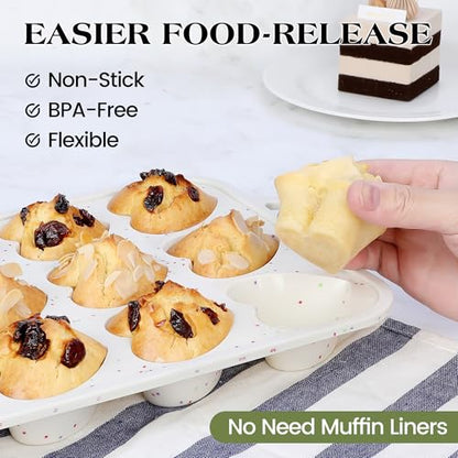 AOTASO 2 Pcs Heart Shaped Muffin Pan with Metal Reinforced Frame 12 Cup Nonstick Silicone Heart Cake Mold for Baking 2.5 Inch Cupcake Tray (Cream)