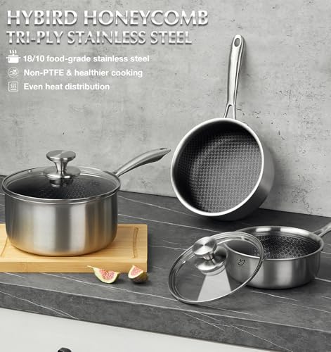 KOCH SYSTEME CS Hybrid Nonstick Stainless Steel Saucepan Set, 6-Piece Triply Stainless Steel Saucepan Set with Hybrid Honeycomb Interior, 1QT & 2QT & 3QT Sauce Pans, Induction Ready, Steel Pot Set