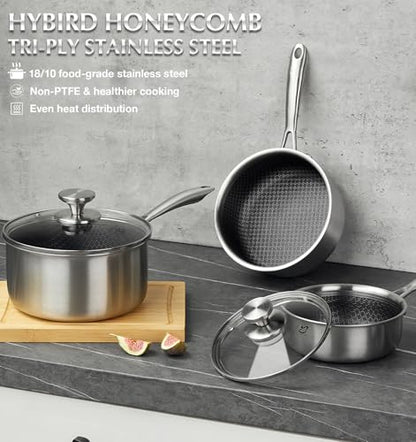 KOCH SYSTEME CS Hybrid Nonstick Stainless Steel Saucepan Set, 6-Piece Triply Stainless Steel Saucepan Set with Hybrid Honeycomb Interior, 1QT & 2QT & 3QT Sauce Pans, Induction Ready, Steel Pot Set