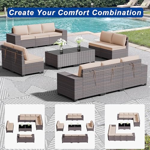 ASJMR Outdoor Patio Furniture Set, 12 Pieces Outdoor Sectional Furniture High Backrest Patio Sofa, All-Weather PE Rattan Patio Conversation Set with Coffee Table & Cushions(Brown).
